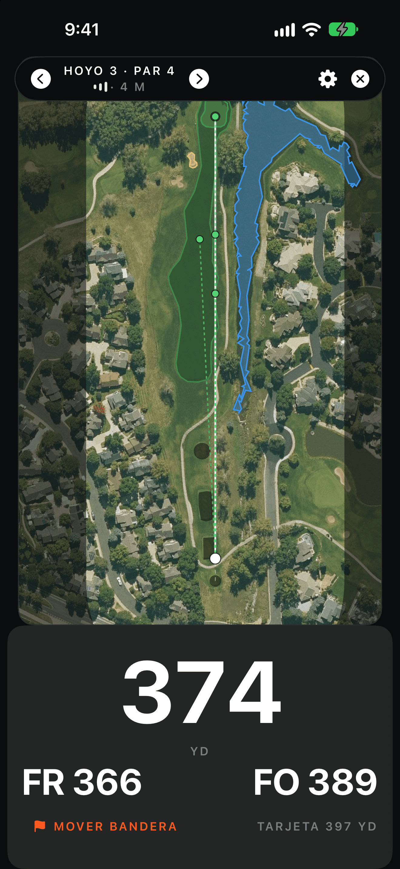 iPhone showing hole 3 at Coal Creek: an aerial map with the green, a bunker and the water hazard, and below it 391 yards to the centre, 382 front, 405 back, and a list of hazards with their distances.